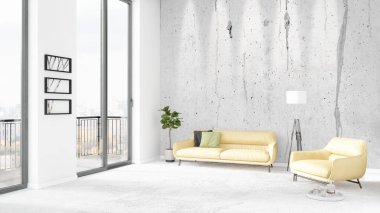 Yepyeni beyaz çatı katı yatak odası en az stil iç tasarım boşaltmak duvar ve görünümü penceresi dışında. 3D render.