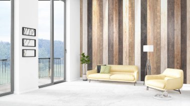 Yepyeni beyaz çatı katı yatak odası en az stil iç tasarım boşaltmak duvar ve görünümü penceresi dışında. 3D render.