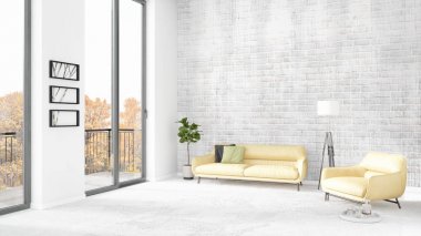 Yepyeni beyaz çatı katı yatak odası en az stil iç tasarım boşaltmak duvar ve görünümü penceresi dışında. 3D render.