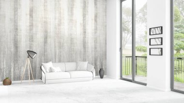 Yepyeni beyaz çatı katı yatak odası en az stil iç tasarım boşaltmak duvar ve görünümü penceresi dışında. 3D render.