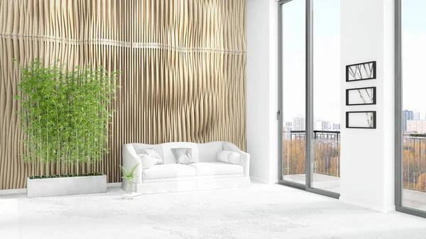 Yepyeni beyaz çatı katı yatak odası en az stil iç tasarım boşaltmak duvar ve görünümü penceresi dışında. 3D render.