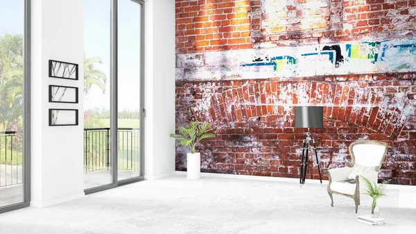 Yepyeni beyaz çatı katı yatak odası en az stil iç tasarım boşaltmak duvar ve görünümü penceresi dışında. 3D render.