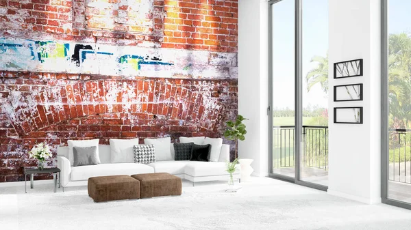 Yepyeni beyaz çatı katı yatak odası en az stil iç tasarım boşaltmak duvar ve görünümü penceresi dışında. 3D render.