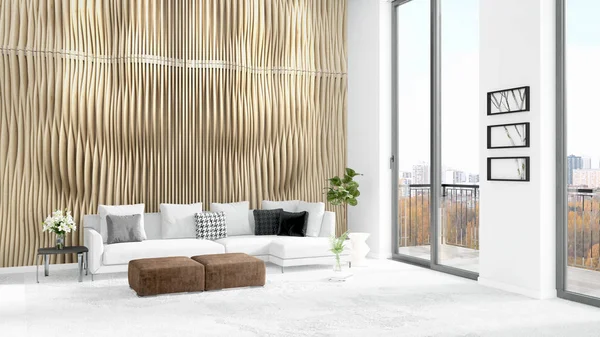 Yepyeni beyaz çatı katı yatak odası en az stil iç tasarım boşaltmak duvar ve görünümü penceresi dışında. 3D render.