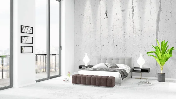 Brand kamar tidur loteng putih baru Desain interior gaya minimal dengan dinding ruang cipta dan melihat keluar dari jendela. Perenderan 3D . — Stok Foto
