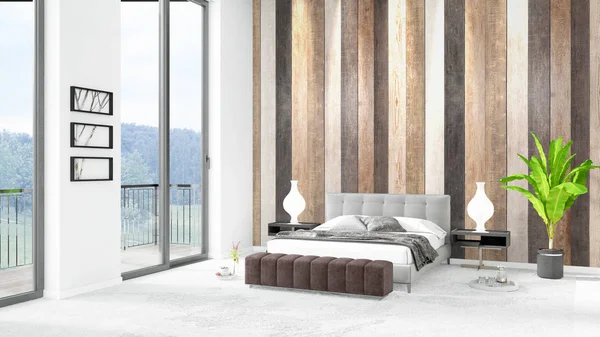 Yepyeni beyaz çatı katı yatak odası en az stil iç tasarım boşaltmak duvar ve görünümü penceresi dışında. 3D render.
