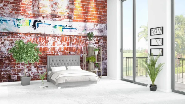 Yepyeni beyaz çatı katı yatak odası en az stil iç tasarım boşaltmak duvar ve görünümü penceresi dışında. 3D render.