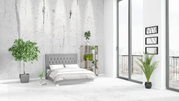 Yepyeni beyaz çatı katı yatak odası en az stil iç tasarım boşaltmak duvar ve görünümü penceresi dışında. 3D render.