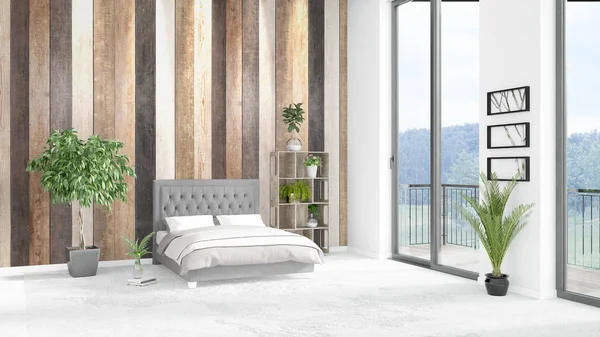 Yepyeni beyaz çatı katı yatak odası en az stil iç tasarım boşaltmak duvar ve görünümü penceresi dışında. 3D render.