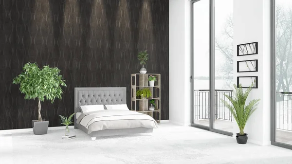 Yepyeni beyaz çatı katı yatak odası en az stil iç tasarım boşaltmak duvar ve görünümü penceresi dışında. 3D render.