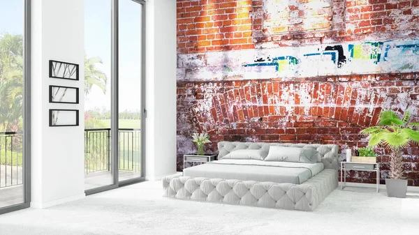 Yepyeni beyaz çatı katı yatak odası en az stil iç tasarım boşaltmak duvar ve görünümü penceresi dışında. 3D render.