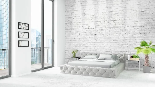 Yepyeni beyaz çatı katı yatak odası en az stil iç tasarım boşaltmak duvar ve görünümü penceresi dışında. 3D render.