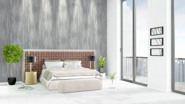 브랜드의 새로운 백색 로프트 침실 최소한의 스타일 인테리어 디자인 copyspace 벽과 창 밖으로 보기. 3 차원 렌더링. — 스톡 사진