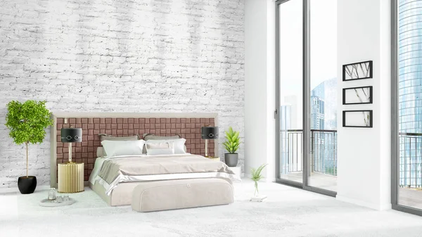 Yepyeni beyaz çatı katı yatak odası en az stil iç tasarım boşaltmak duvar ve görünümü penceresi dışında. 3D render.