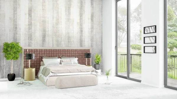 Yepyeni beyaz çatı katı yatak odası en az stil iç tasarım boşaltmak duvar ve görünümü penceresi dışında. 3D render.