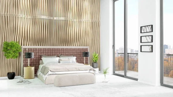 Yepyeni beyaz çatı katı yatak odası en az stil iç tasarım boşaltmak duvar ve görünümü penceresi dışında. 3D render.