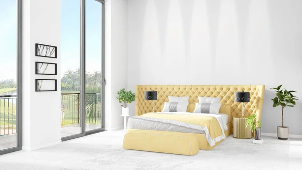 Nuovissimo loft bianco camera da letto stile minimale interior design con parete copyspace e vista dalla finestra. Rendering 3D . — Foto Stock