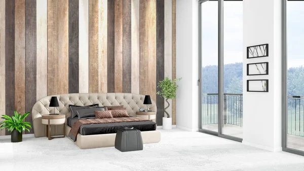 Yepyeni beyaz çatı katı yatak odası en az stil iç tasarım boşaltmak duvar ve görünümü penceresi dışında. 3D render.
