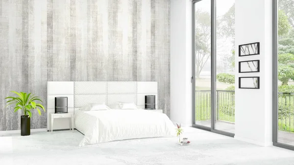 Brand new white loft bedroom minimal style interior design with copyspace wall and view out of window. 3D Rendering.