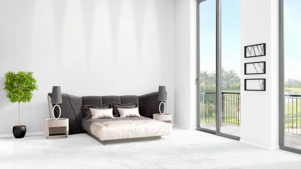 Brand new white loft bedroom minimal style interior design with copyspace wall and view out of window. 3D Rendering.