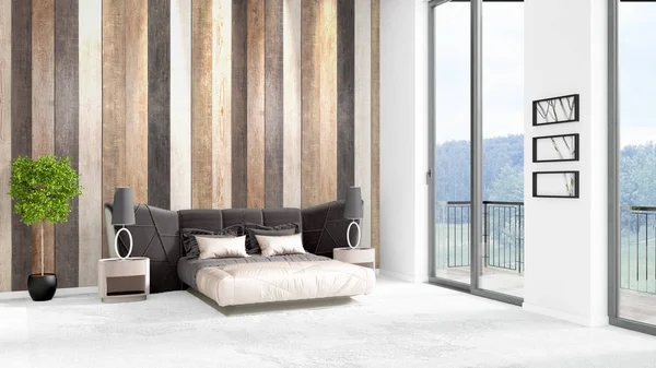 Yepyeni beyaz çatı katı yatak odası en az stil iç tasarım boşaltmak duvar ve görünümü penceresi dışında. 3D render.