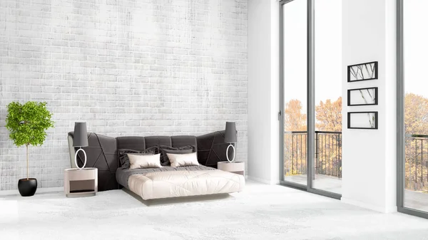 Yepyeni beyaz çatı katı yatak odası en az stil iç tasarım boşaltmak duvar ve görünümü penceresi dışında. 3D render.