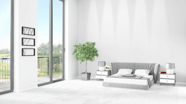 Nuevo dormitorio loft blanco de diseño interior de estilo minimalista con pared de copyspace y vista desde la ventana. Renderizado 3D . — Foto de Stock