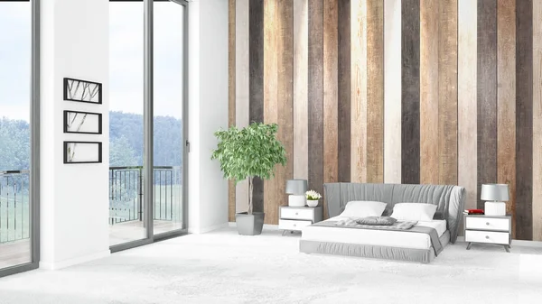 Yepyeni beyaz çatı katı yatak odası en az stil iç tasarım boşaltmak duvar ve görünümü penceresi dışında. 3D render.