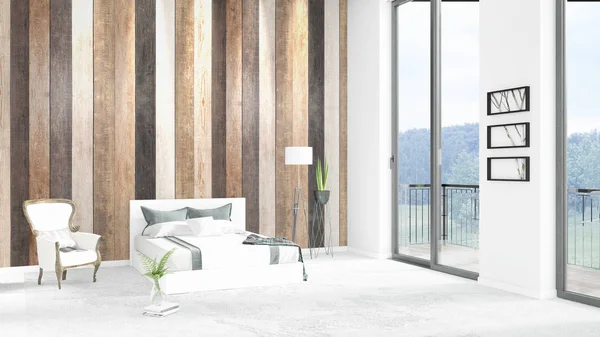 Brand new white loft bedroom minimal style interior design with copyspace wall and view out of window. 3D Rendering.