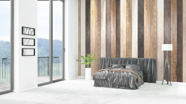 Yepyeni beyaz çatı katı yatak odası en az stil iç tasarım boşaltmak duvar ve görünümü penceresi dışında. 3D render.