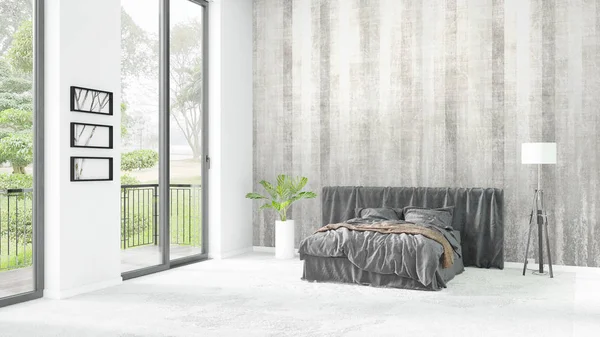 Yepyeni beyaz çatı katı yatak odası en az stil iç tasarım boşaltmak duvar ve görünümü penceresi dışında. 3D render.