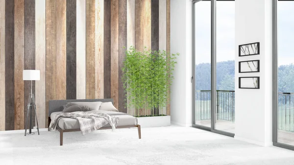 Yepyeni beyaz çatı katı yatak odası en az stil iç tasarım boşaltmak duvar ve görünümü penceresi dışında. 3D render.
