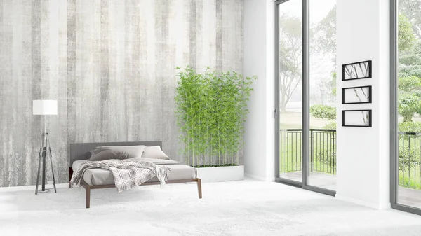 Yepyeni beyaz çatı katı yatak odası en az stil iç tasarım boşaltmak duvar ve görünümü penceresi dışında. 3D render.