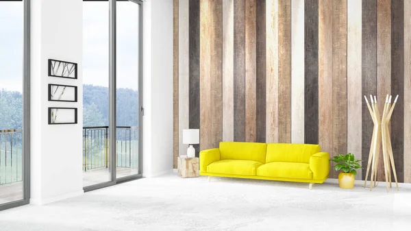 Yepyeni beyaz çatı katı yatak odası en az stil iç tasarım boşaltmak duvar ve görünümü penceresi dışında. 3D render.