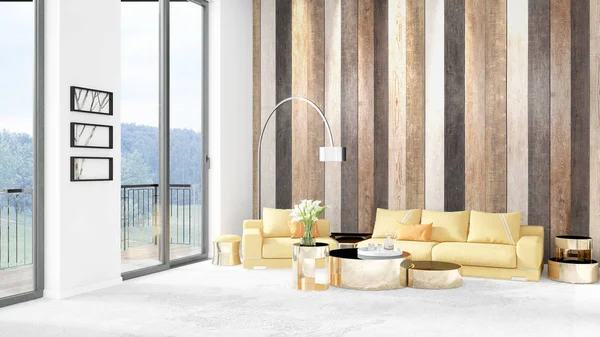 Yepyeni beyaz çatı katı yatak odası en az stil iç tasarım boşaltmak duvar ve görünümü penceresi dışında. 3D render.