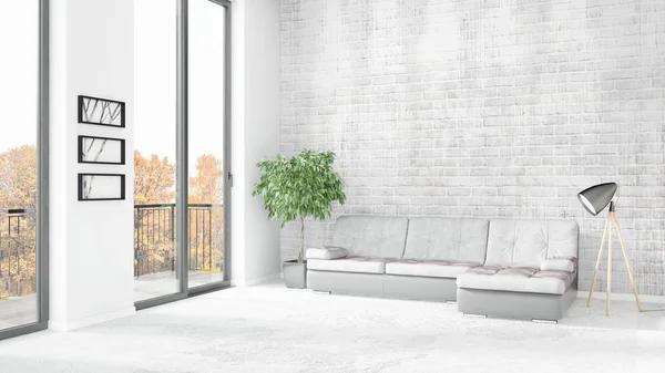 Yepyeni beyaz çatı katı yatak odası en az stil iç tasarım boşaltmak duvar ve görünümü penceresi dışında. 3D render.