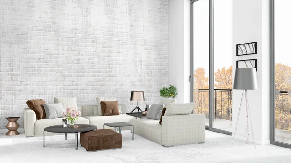 Yepyeni beyaz çatı katı yatak odası en az stil iç tasarım boşaltmak duvar ve görünümü penceresi dışında. 3D render.