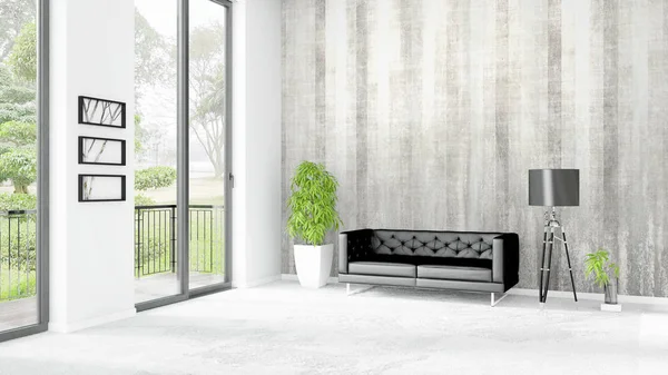 Yepyeni beyaz çatı katı yatak odası en az stil iç tasarım boşaltmak duvar ve görünümü penceresi dışında. 3D render.