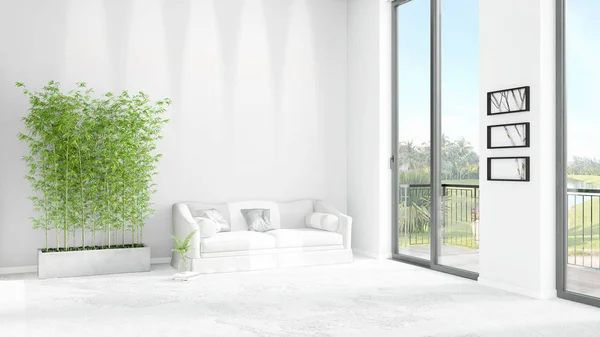 Brand new white loft bedroom minimal style interior design with copyspace wall and view out of window. 3D Rendering. — Stock Photo, Image