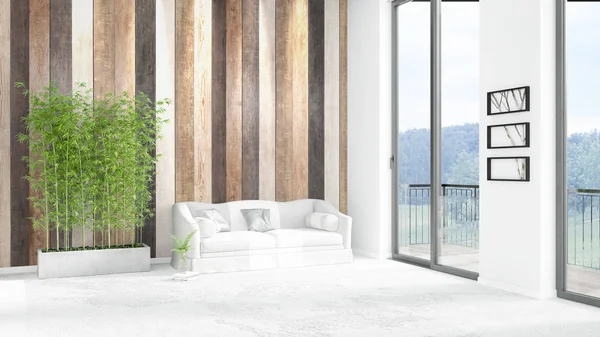 Yepyeni beyaz çatı katı yatak odası en az stil iç tasarım boşaltmak duvar ve görünümü penceresi dışında. 3D render.