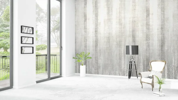 Yepyeni beyaz çatı katı yatak odası en az stil iç tasarım boşaltmak duvar ve görünümü penceresi dışında. 3D render.