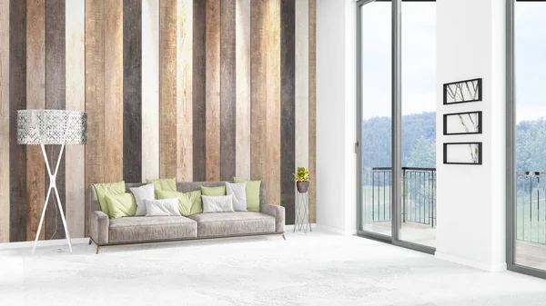 Yepyeni beyaz çatı katı yatak odası en az stil iç tasarım boşaltmak duvar ve görünümü penceresi dışında. 3D render.