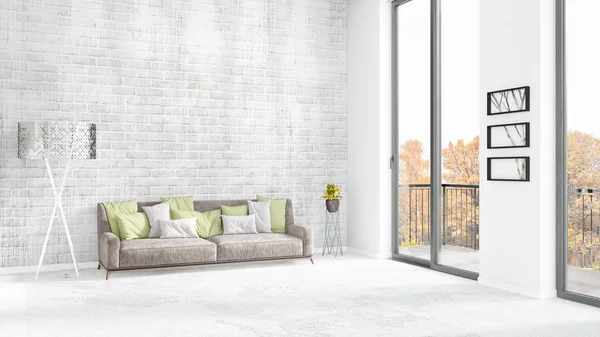 Yepyeni beyaz çatı katı yatak odası en az stil iç tasarım boşaltmak duvar ve görünümü penceresi dışında. 3D render.