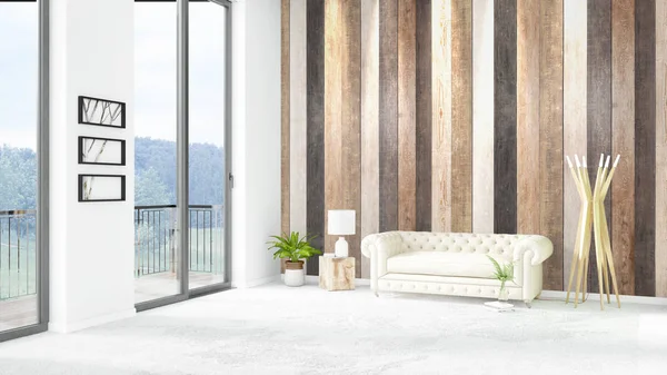 Gloednieuwe witte loft slaapkamer minimalistische stijl interieur met copyspace muur en uitzicht uit raam. 3D-rendering. — Stockfoto