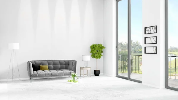 Nuevo dormitorio loft blanco de diseño interior de estilo minimalista con pared de copyspace y vista desde la ventana. Renderizado 3D . —  Fotos de Stock