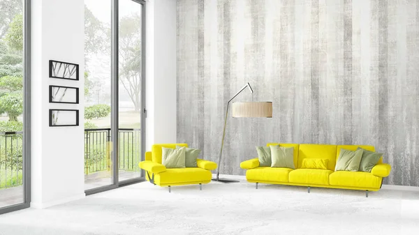 Yepyeni beyaz çatı katı yatak odası en az stil iç tasarım boşaltmak duvar ve görünümü penceresi dışında. 3D render.