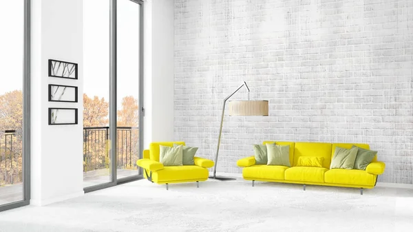 Yepyeni beyaz çatı katı yatak odası en az stil iç tasarım boşaltmak duvar ve görünümü penceresi dışında. 3D render.