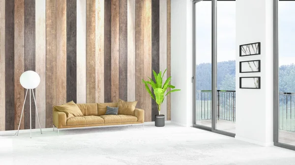 Yepyeni beyaz çatı katı yatak odası en az stil iç tasarım boşaltmak duvar ve görünümü penceresi dışında. 3D render.