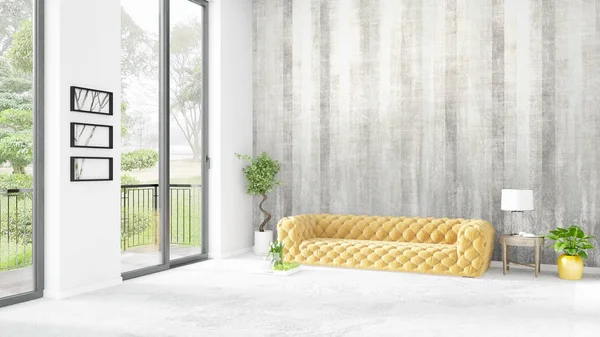 Yepyeni beyaz çatı katı yatak odası en az stil iç tasarım boşaltmak duvar ve görünümü penceresi dışında. 3D render.