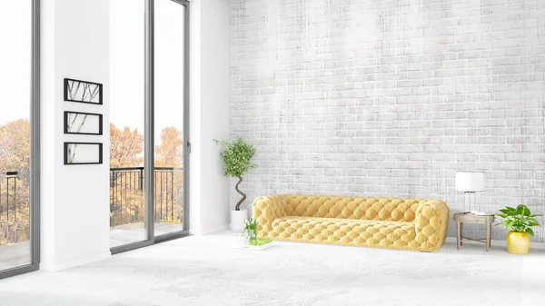 Yepyeni beyaz çatı katı yatak odası en az stil iç tasarım boşaltmak duvar ve görünümü penceresi dışında. 3D render.